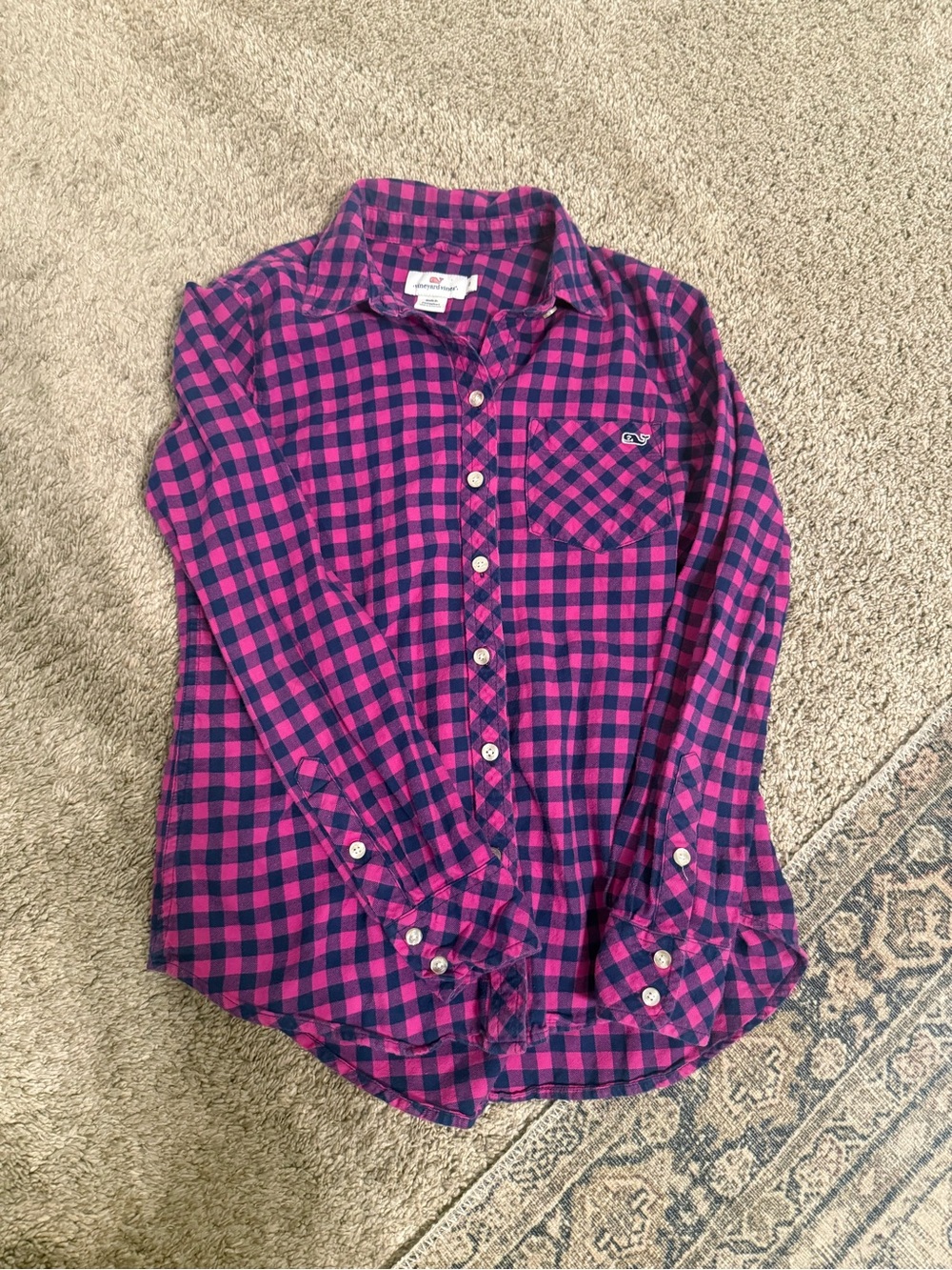 Vineyard Vines Pink and Navy Plaid Button-Down Shirt